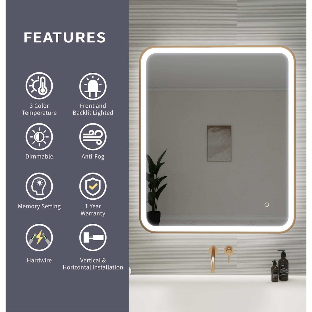 36 Inch Rectangle LED Front and Backlit Wall Mirror in Satin Gold