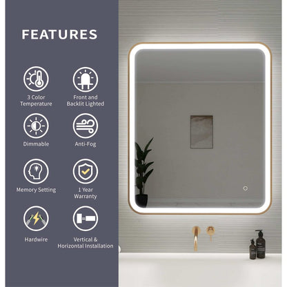 36 Inch Rectangle LED Front and Backlit Wall Mirror in Satin Gold