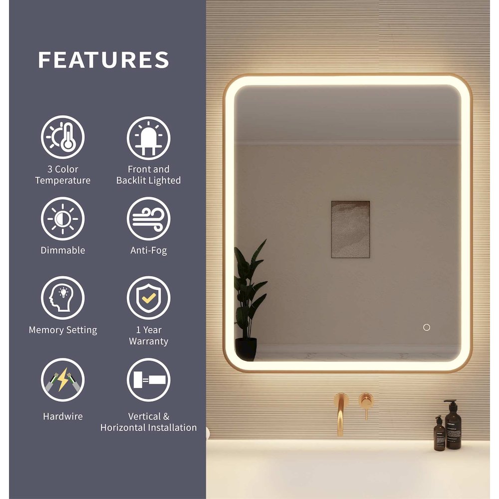 36 Inch Rectangle LED Front and Backlit Wall Mirror in Satin Gold