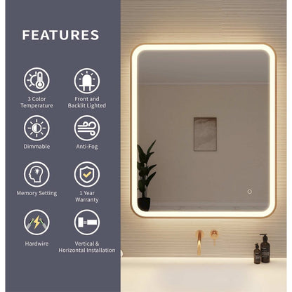 36 Inch Rectangle LED Front and Backlit Wall Mirror in Satin Gold
