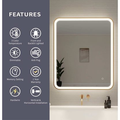 36 Inch Rectangle LED Front and Backlit Wall Mirror in Satin Gold