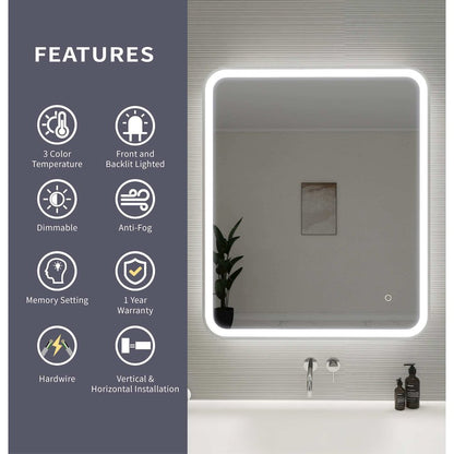 36 Inch Rectangle LED Front and Backlit Wall Mirror in Silver