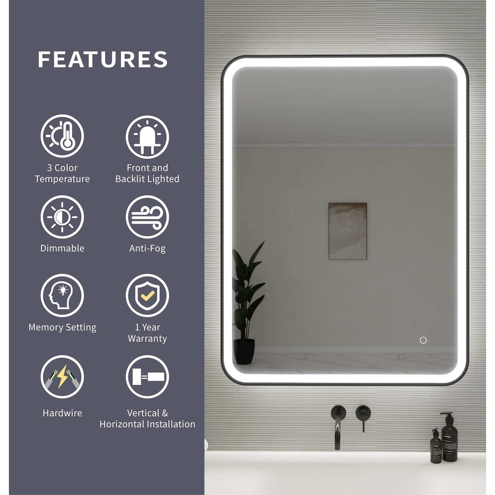 40 Inch Rectangle LED Front and Backlit Wall Mirror in Black