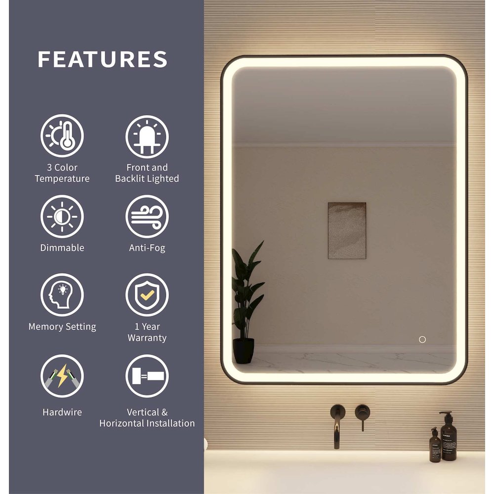 40 Inch Rectangle LED Front and Backlit Wall Mirror in Black