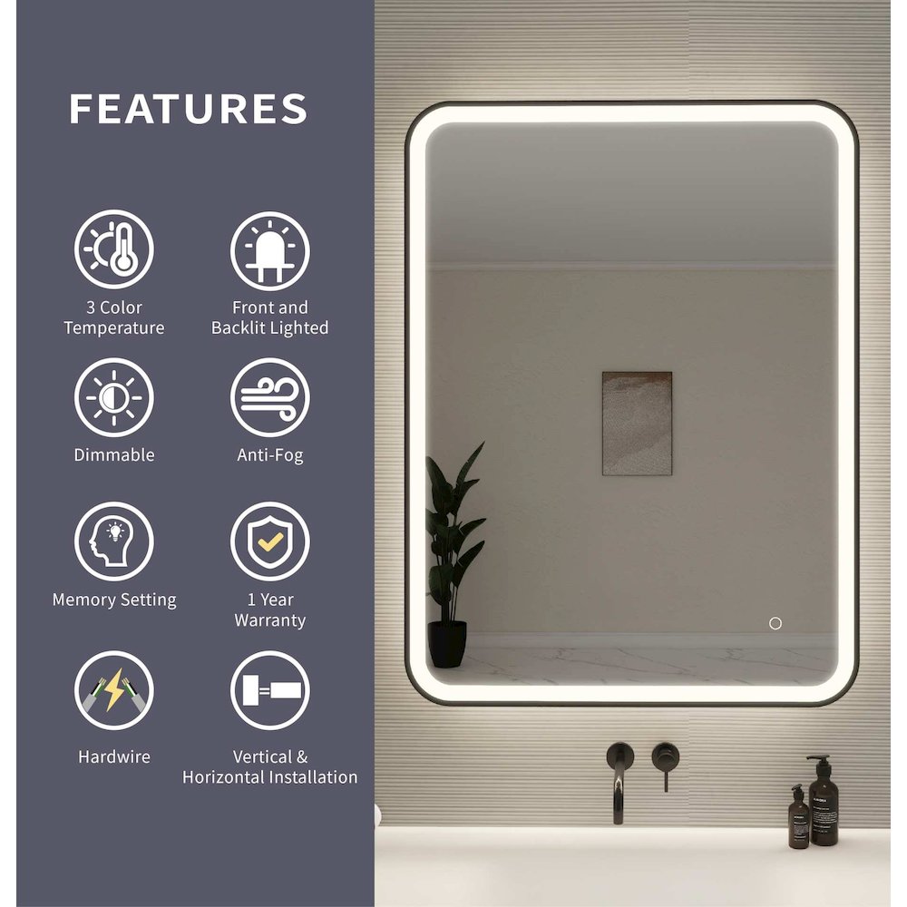 40 Inch Rectangle LED Front and Backlit Wall Mirror in Black