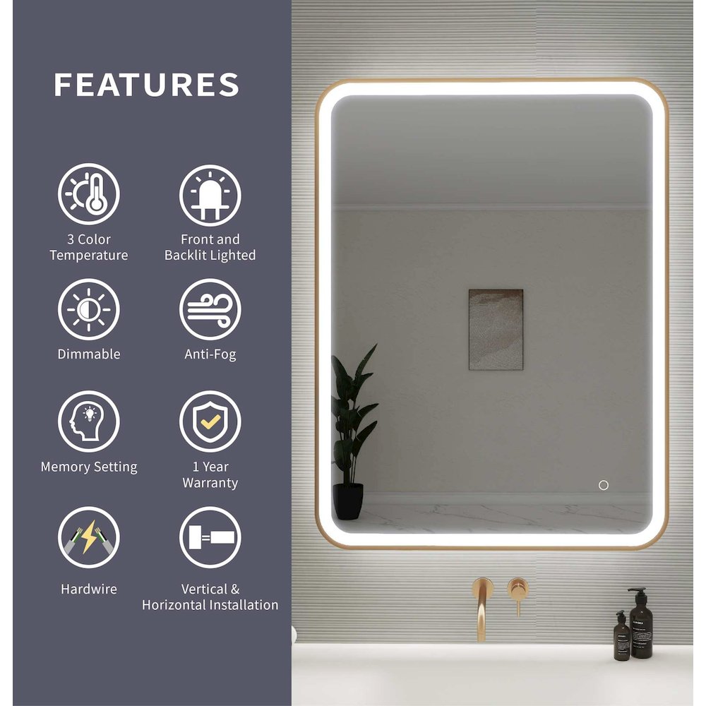 40 Inch Rectangle LED Front and Backlit Wall Mirror in Satin Gold