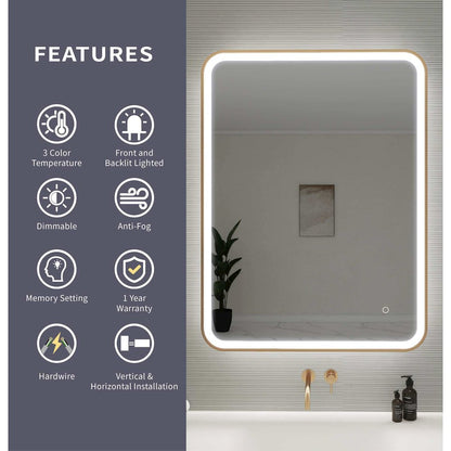 40 Inch Rectangle LED Front and Backlit Wall Mirror in Satin Gold