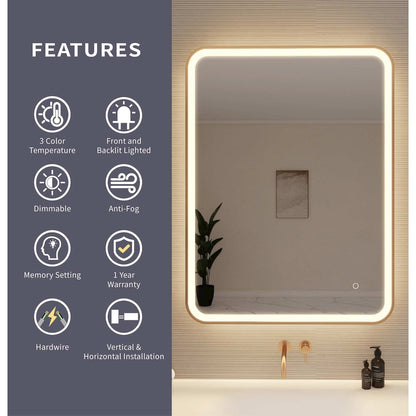 40 Inch Rectangle LED Front and Backlit Wall Mirror in Satin Gold