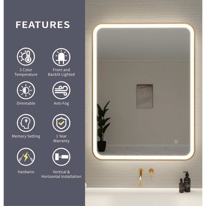 40 Inch Rectangle LED Front and Backlit Wall Mirror in Satin Gold