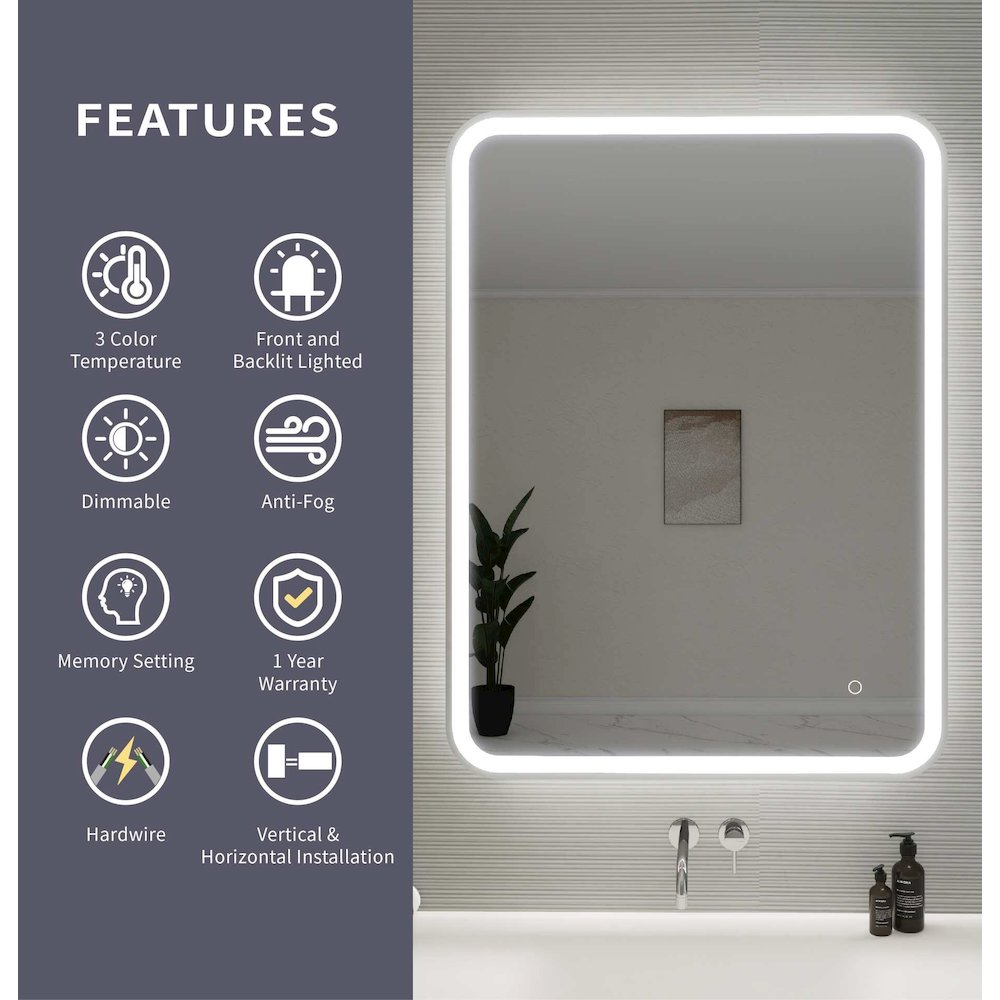 40 Inch Rectangle LED Front and Backlit Wall Mirror in Silver
