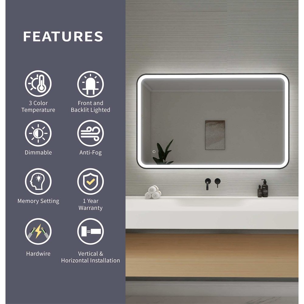 48 Inch Rectangle LED Front and Backlit Wall Mirror in Black