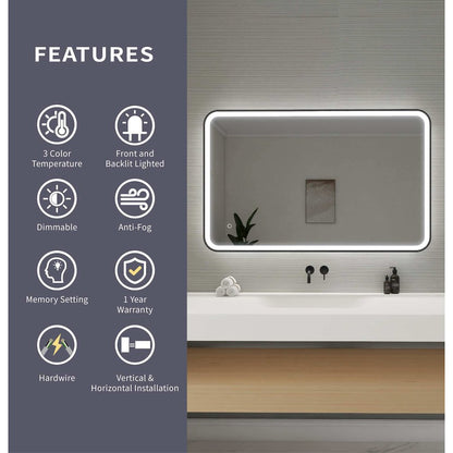 48 Inch Rectangle LED Front and Backlit Wall Mirror in Black
