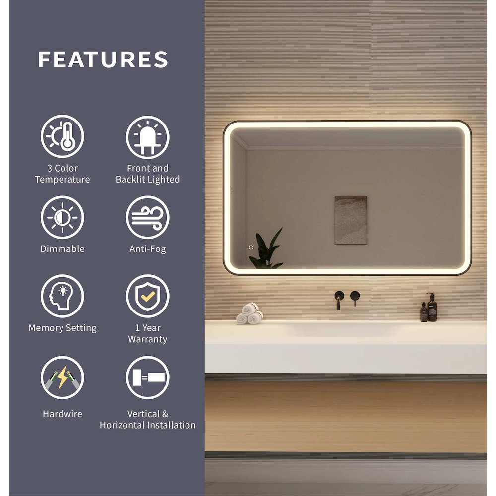 48 Inch Rectangle LED Front and Backlit Wall Mirror in Black
