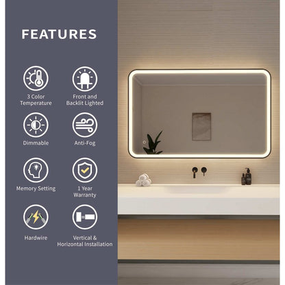 48 Inch Rectangle LED Front and Backlit Wall Mirror in Black