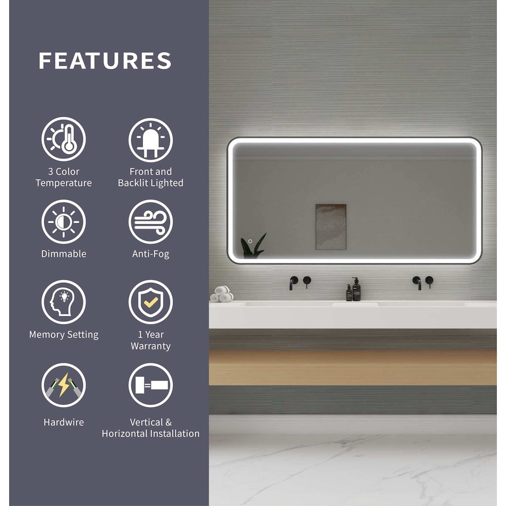 60 Inch Rectangle LED Front and Backlit Wall Mirror in Black