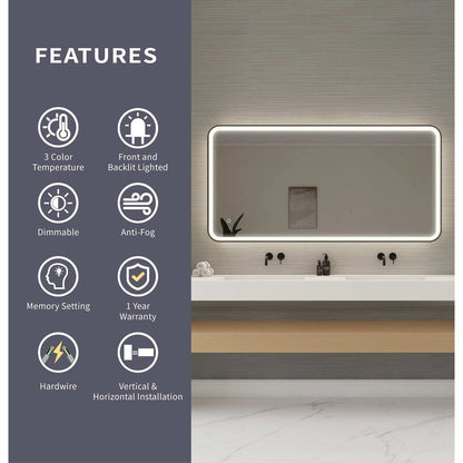 60 Inch Rectangle LED Front and Backlit Wall Mirror in Black