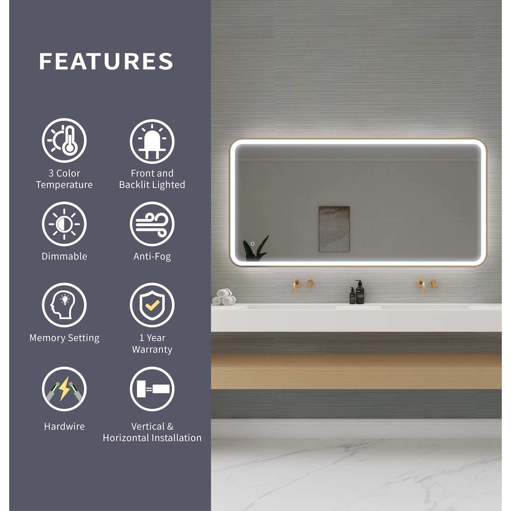 60 Inch Rectangle LED Front and Backlit Wall Mirror in Satin Gold