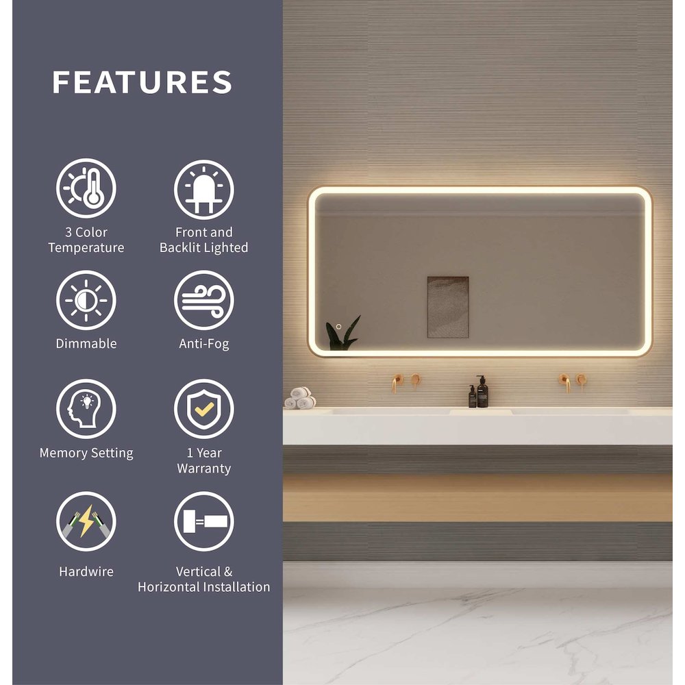 60 Inch Rectangle LED Front and Backlit Wall Mirror in Satin Gold