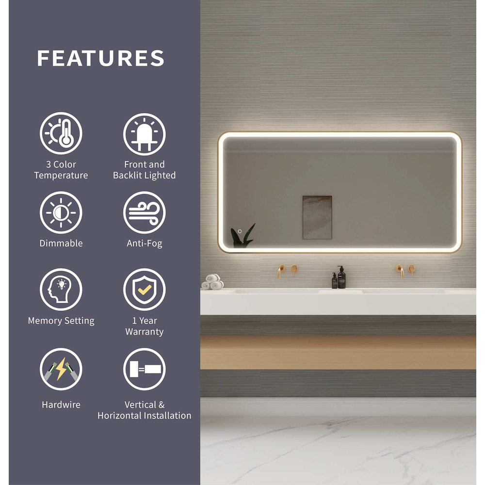 60 Inch Rectangle LED Front and Backlit Wall Mirror in Satin Gold