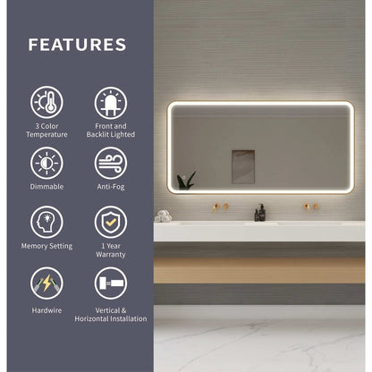 60 Inch Rectangle LED Front and Backlit Wall Mirror in Satin Gold