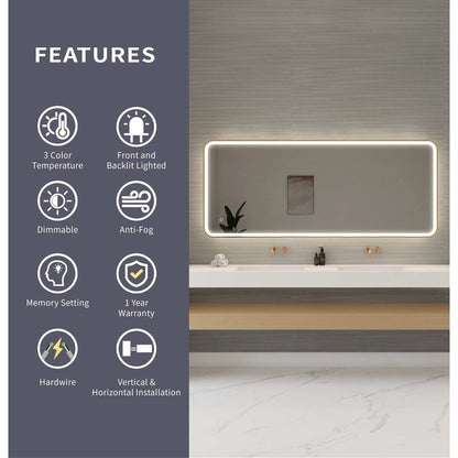 72 Inch Rectangle LED Front and Backlit Wall Mirror in Satin Gold