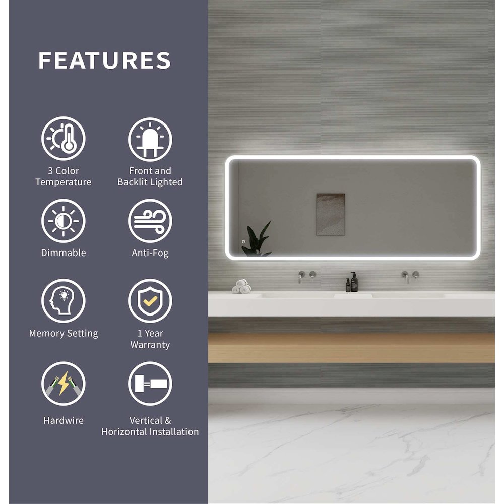 72 Inch Rectangle LED Front and Backlit Wall Mirror in Silver
