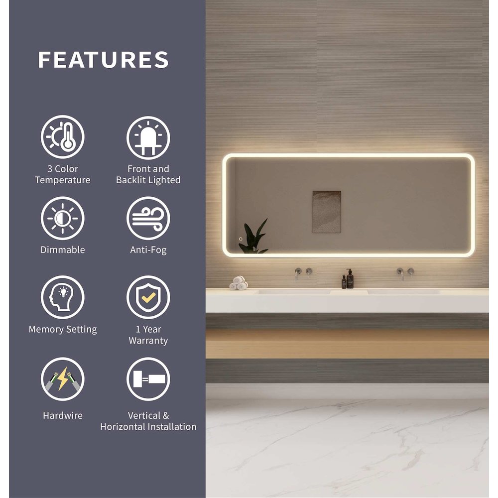 72 Inch Rectangle LED Front and Backlit Wall Mirror in Silver