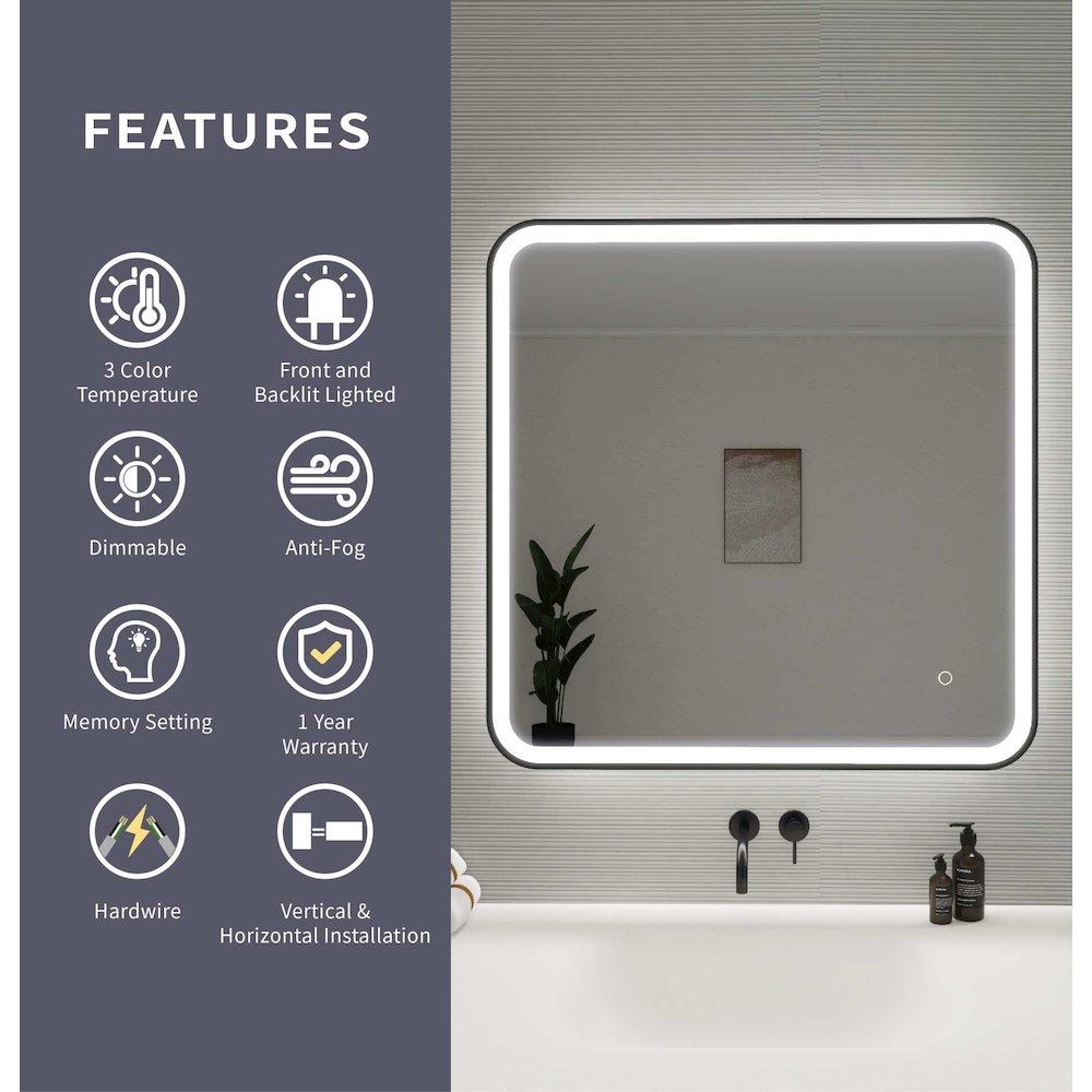 33 Round LED Front and Backlit Wall Mirror in Black