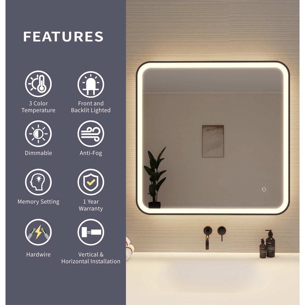 33 Round LED Front and Backlit Wall Mirror in Black