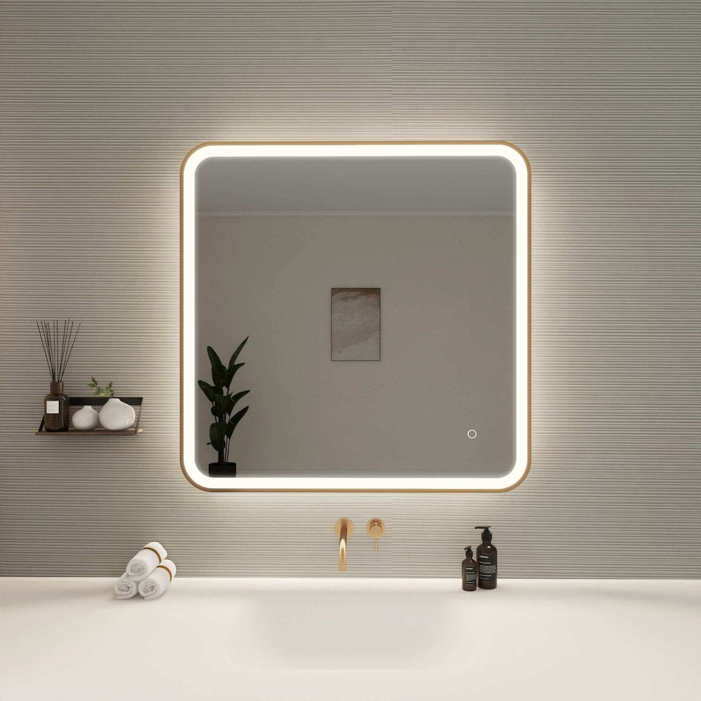 33 Round LED Front and Backlit Wall Mirror in Satin Gold