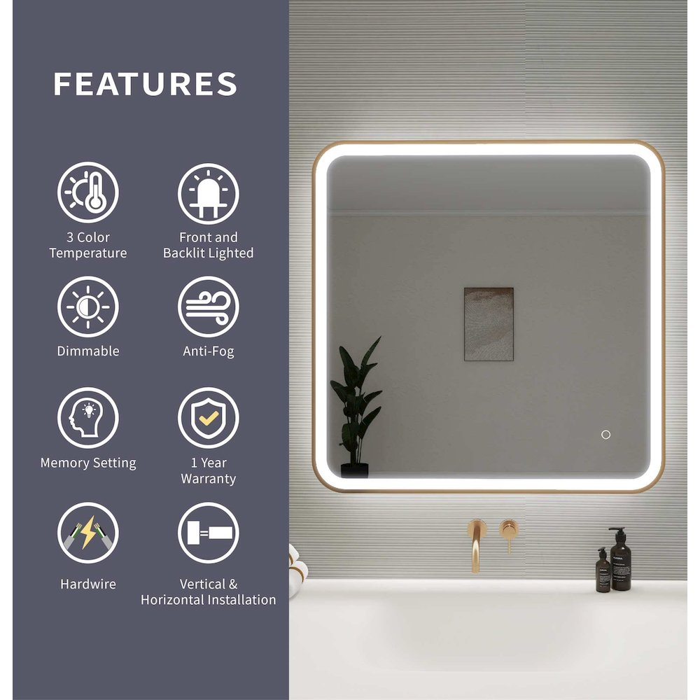 33 Round LED Front and Backlit Wall Mirror in Satin Gold