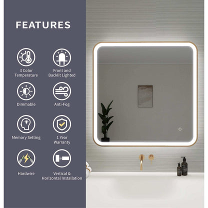 33 Round LED Front and Backlit Wall Mirror in Satin Gold