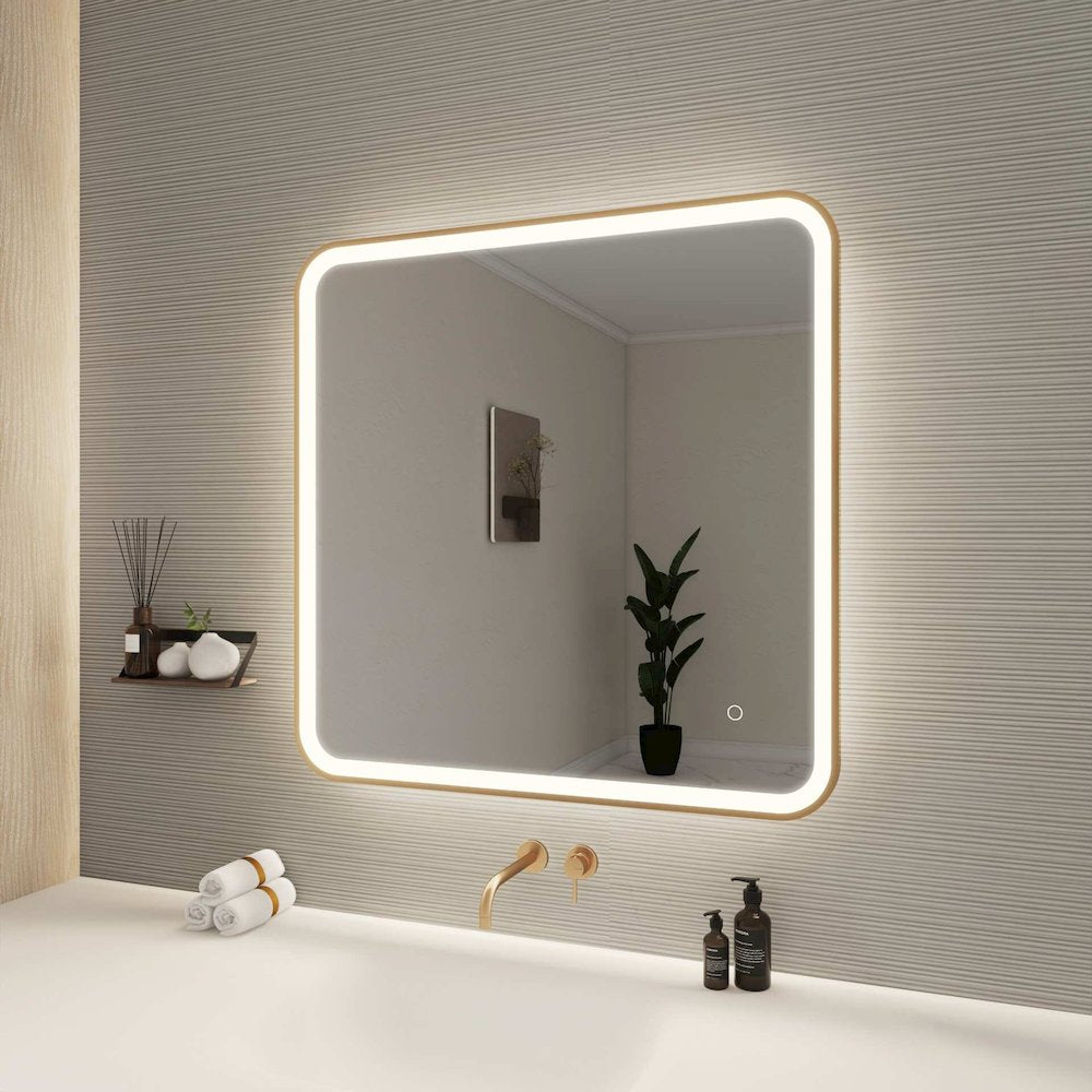 33 Round LED Front and Backlit Wall Mirror in Satin Gold