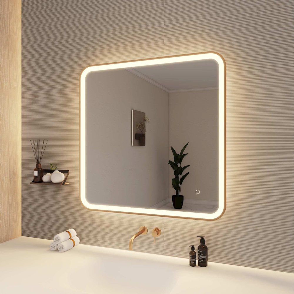 33 Round LED Front and Backlit Wall Mirror in Satin Gold