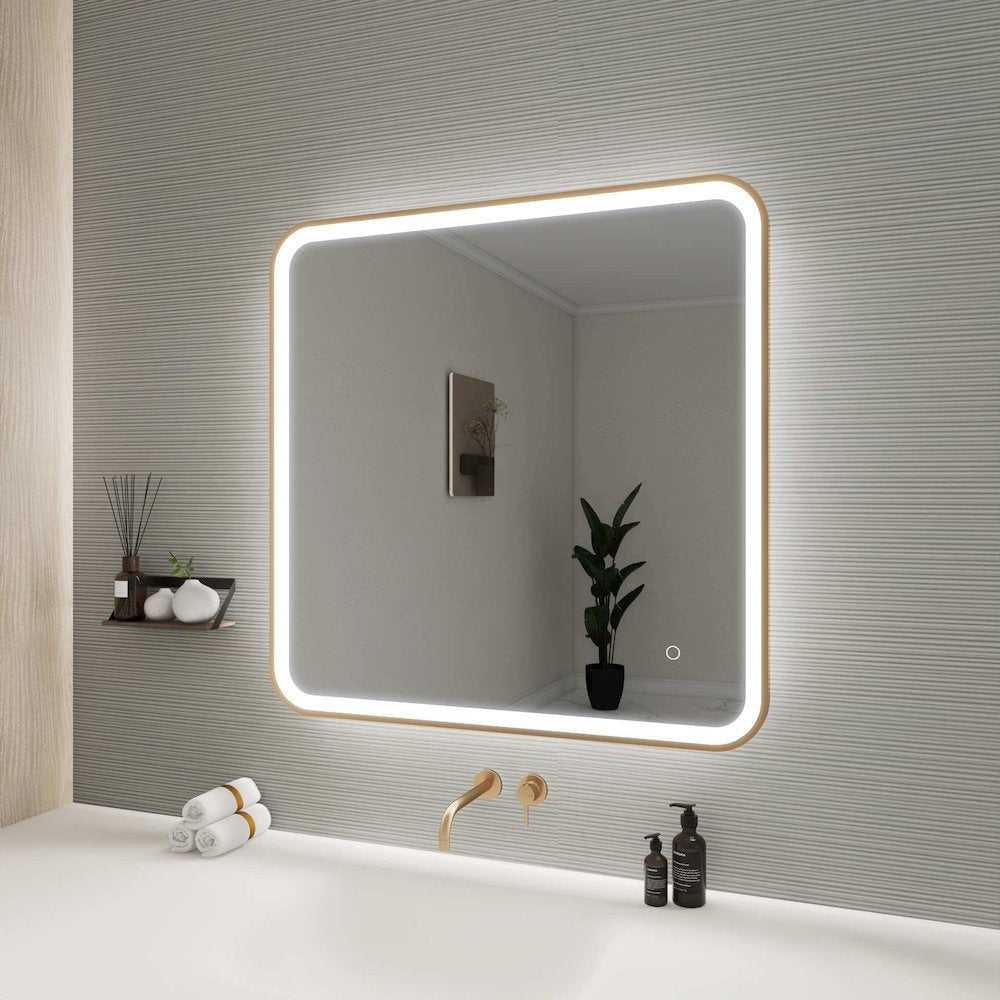 33 Round LED Front and Backlit Wall Mirror in Satin Gold