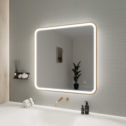 33 Round LED Front and Backlit Wall Mirror in Satin Gold