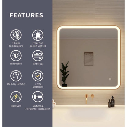 33 Round LED Front and Backlit Wall Mirror in Satin Gold