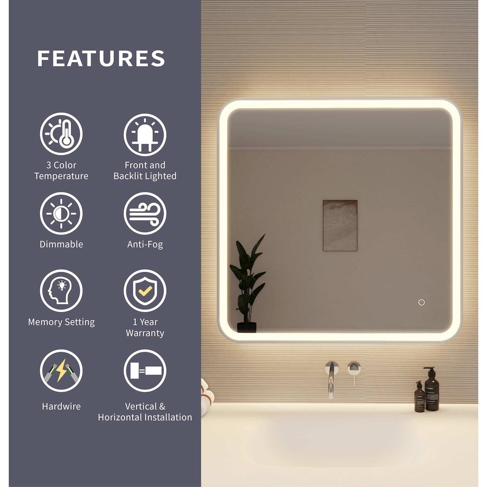 33 Round LED Front and Backlit Wall Mirror in Silver
