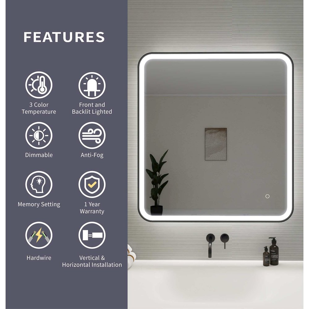36 Round LED Front and Backlit Wall Mirror in Black