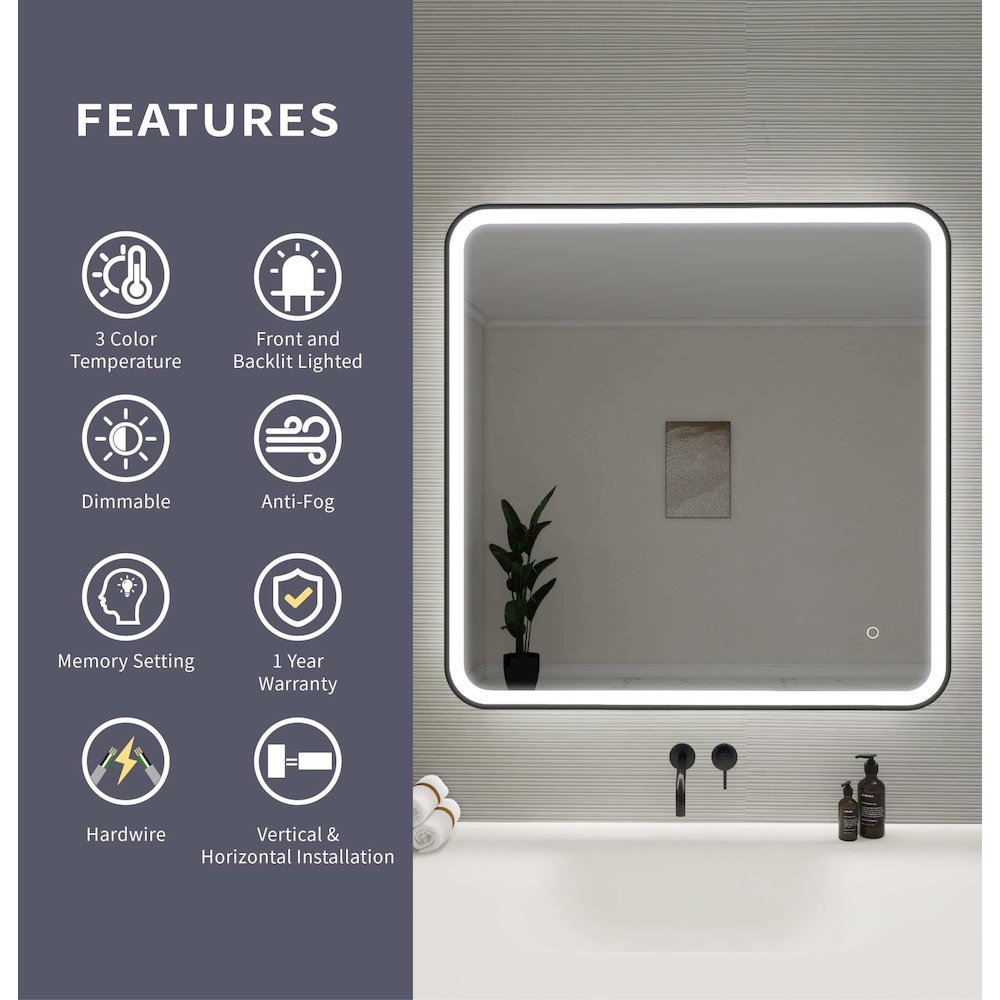 36 Round LED Front and Backlit Wall Mirror in Black