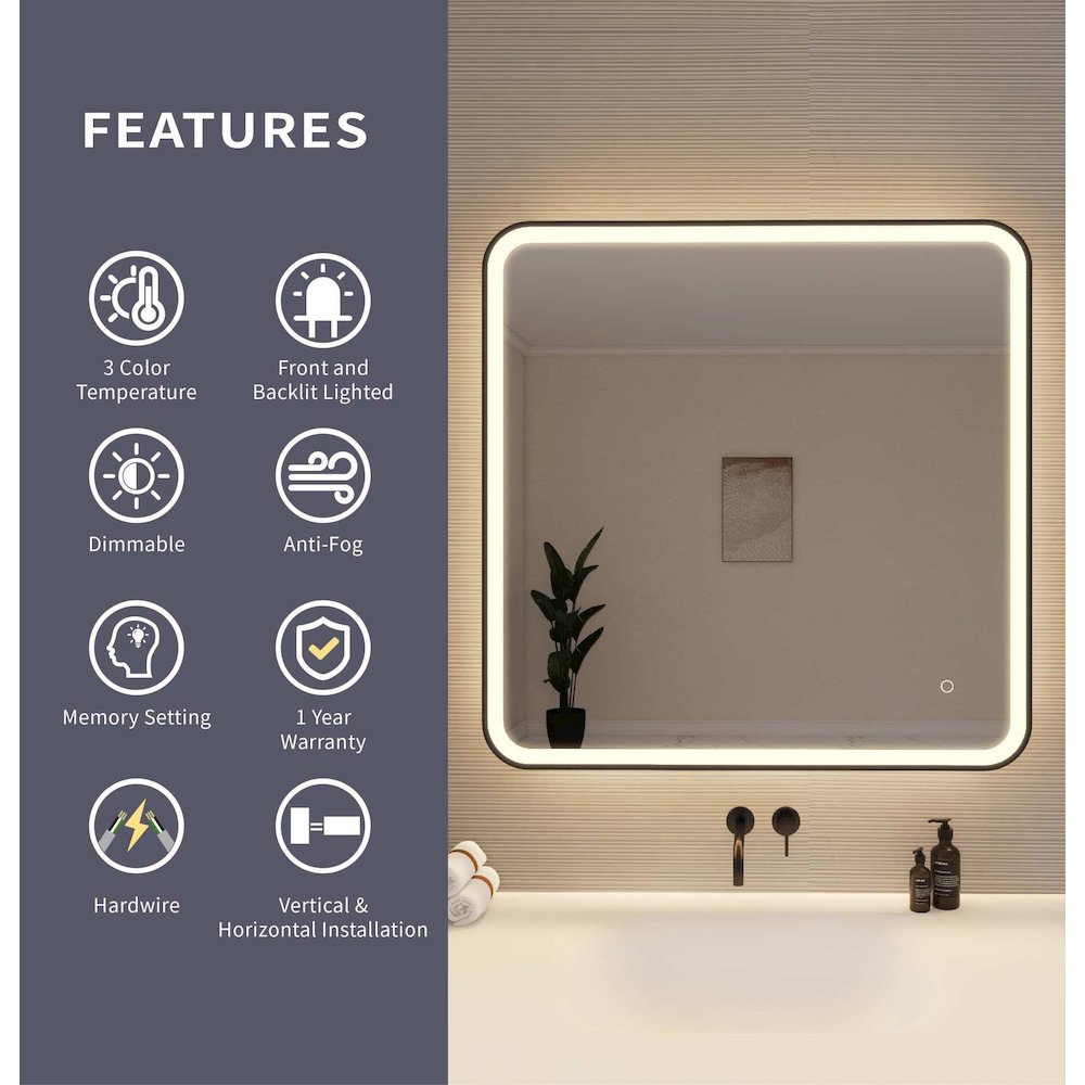 36 Round LED Front and Backlit Wall Mirror in Black