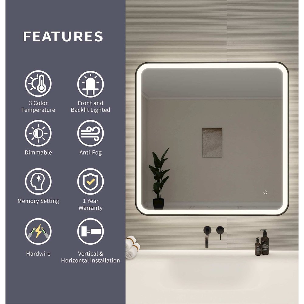 36 Round LED Front and Backlit Wall Mirror in Black
