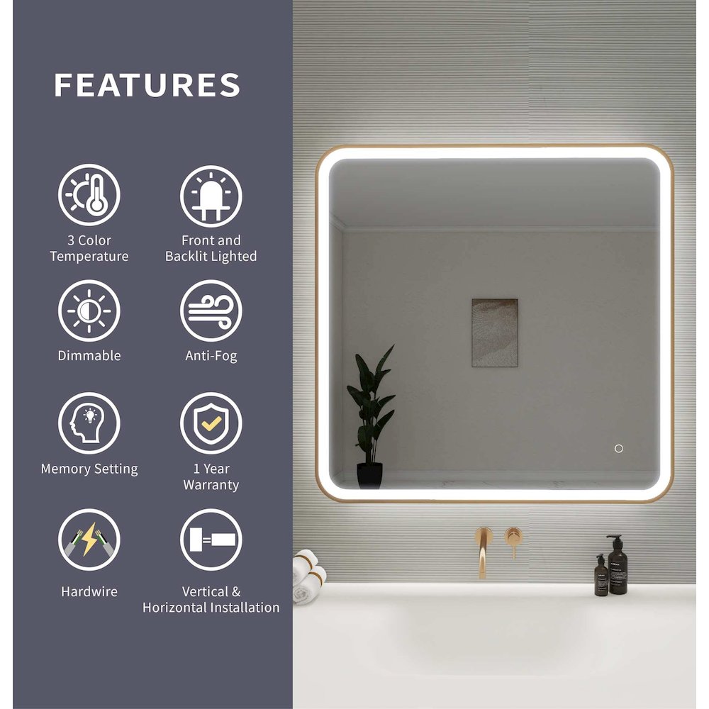 36 Round LED Front and Backlit Wall Mirror in Satin Gold