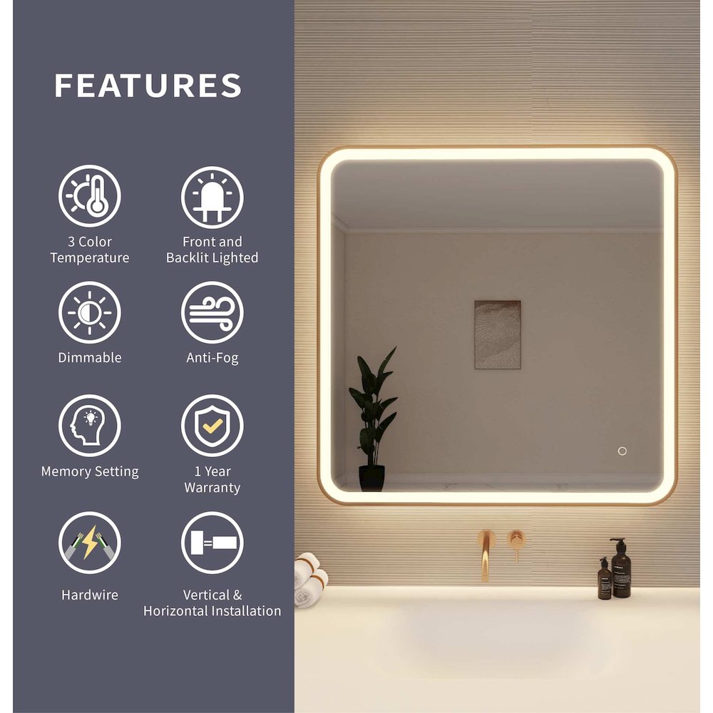 36 Round LED Front and Backlit Wall Mirror in Satin Gold