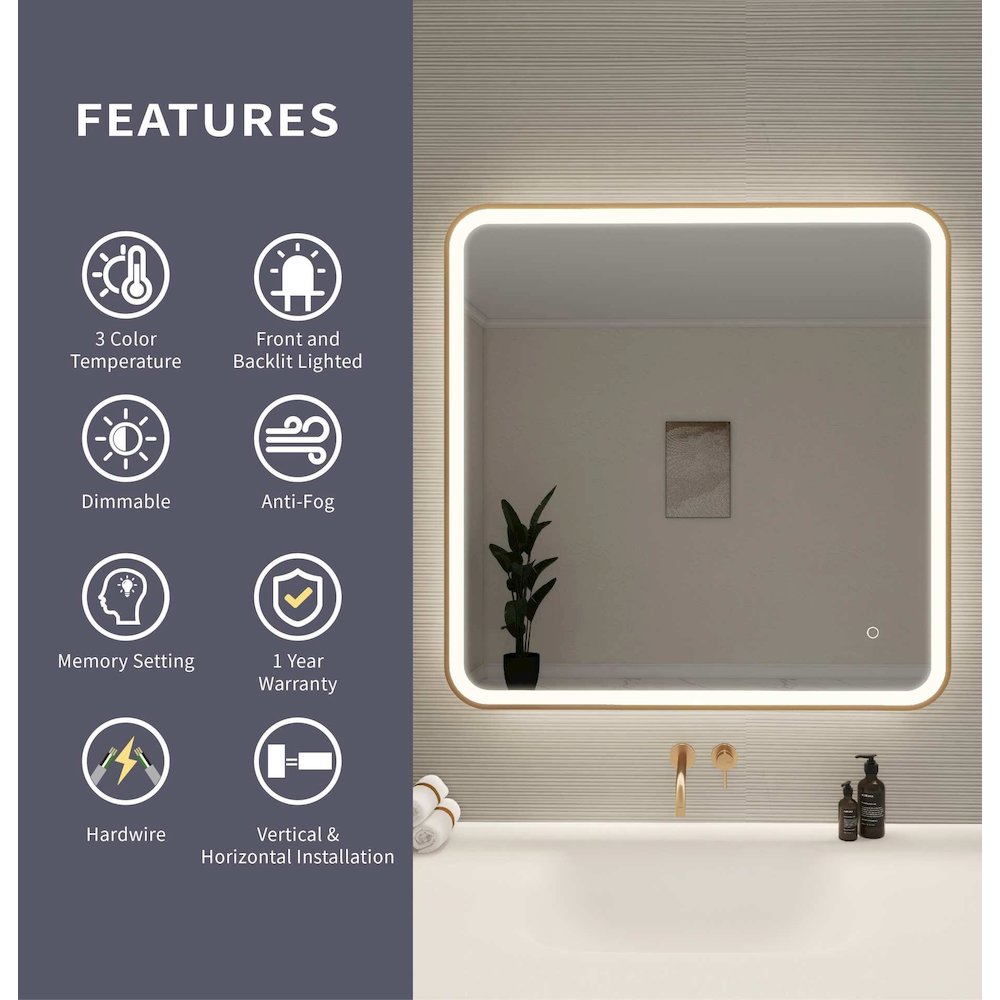 36 Round LED Front and Backlit Wall Mirror in Satin Gold
