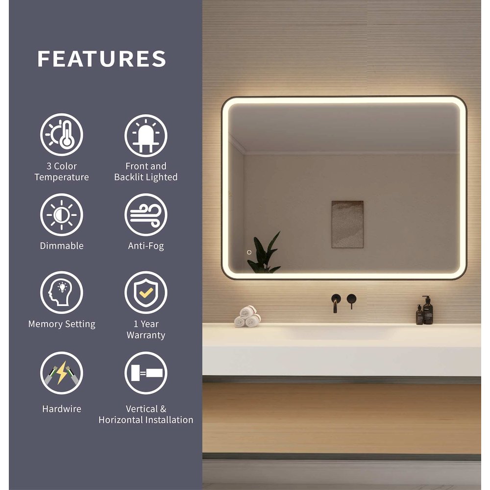 48 Round LED Front and Backlit Wall Mirror in Black