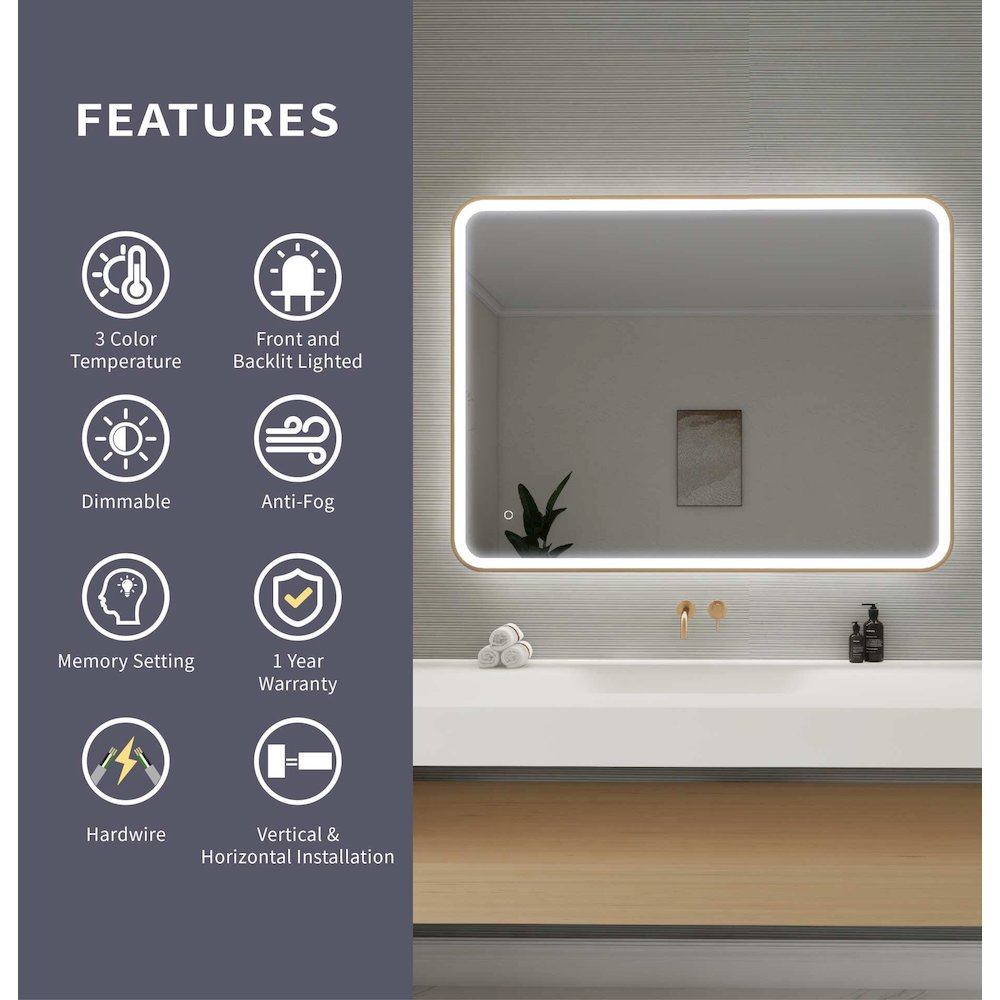 48 Round LED Front and Backlit Wall Mirror in Satin Gold