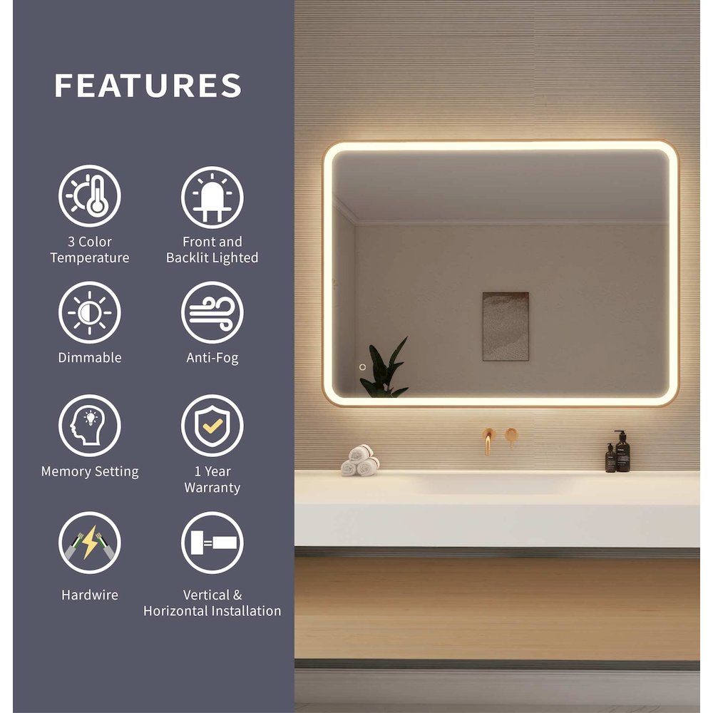 48 Round LED Front and Backlit Wall Mirror in Satin Gold