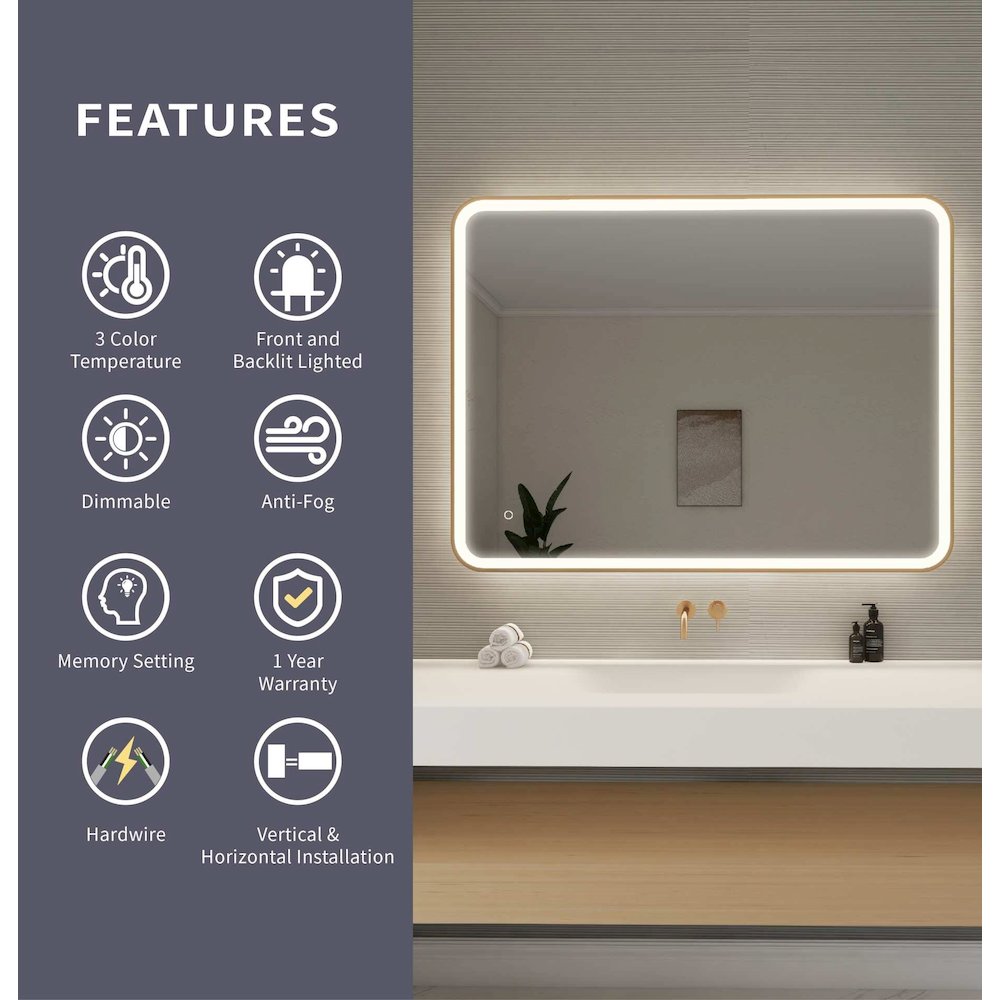 48 Round LED Front and Backlit Wall Mirror in Satin Gold