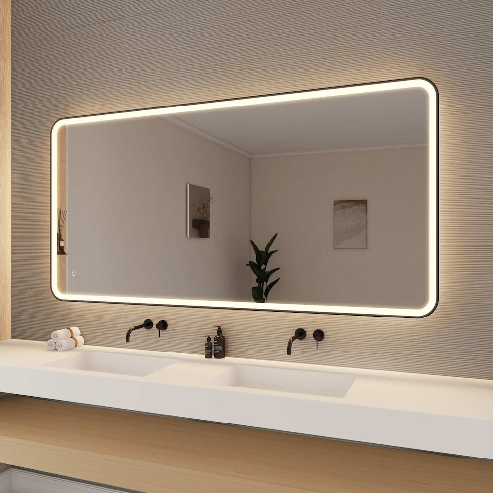 72 Round LED Front and Backlit Wall Mirror in Black